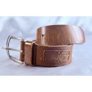 Distressed Leather Belt Utility Gear Brown 34”-38” Silver Buckle Vintage